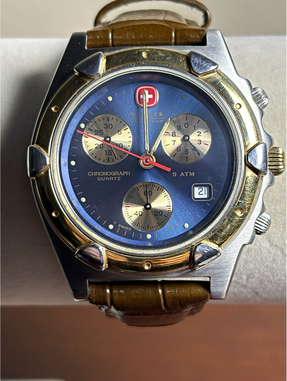 Vintage Wenger S.A.K Design Chronograph Men's Watch 5410795 Blue Gold Dial RUNS